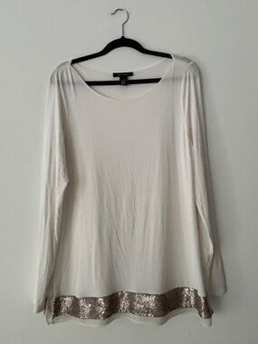 White House Black Market Women's L Ivory Gold Sequin Hem Long Sleeve Layered Top